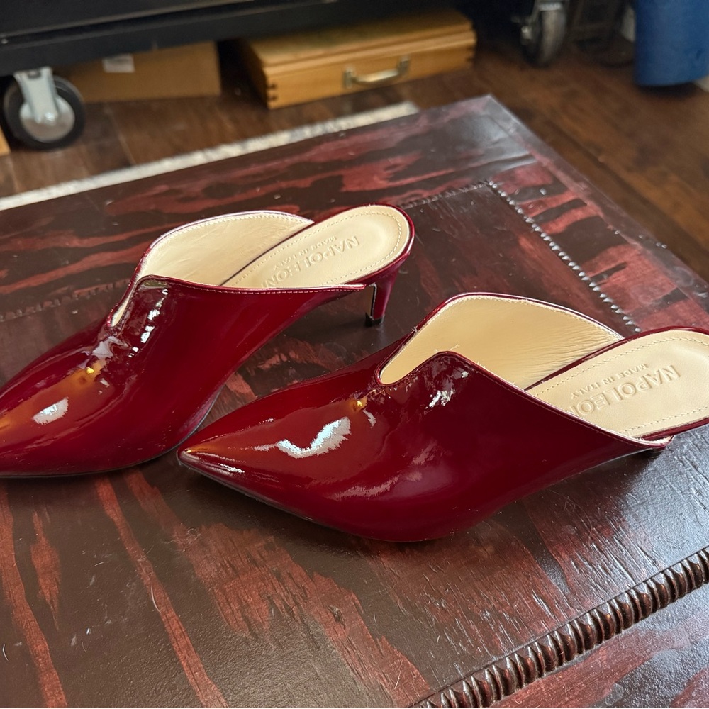 Napoleoni Red Patent Leather Mules Pointed Toe Kitten Heel Size 39 Made in Italy - Picture 4 of 14